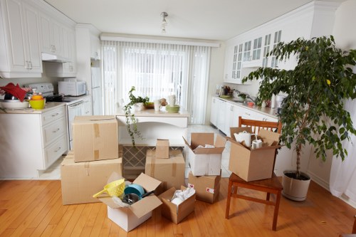 Removalists carrying household items through a Hampstead property entrance